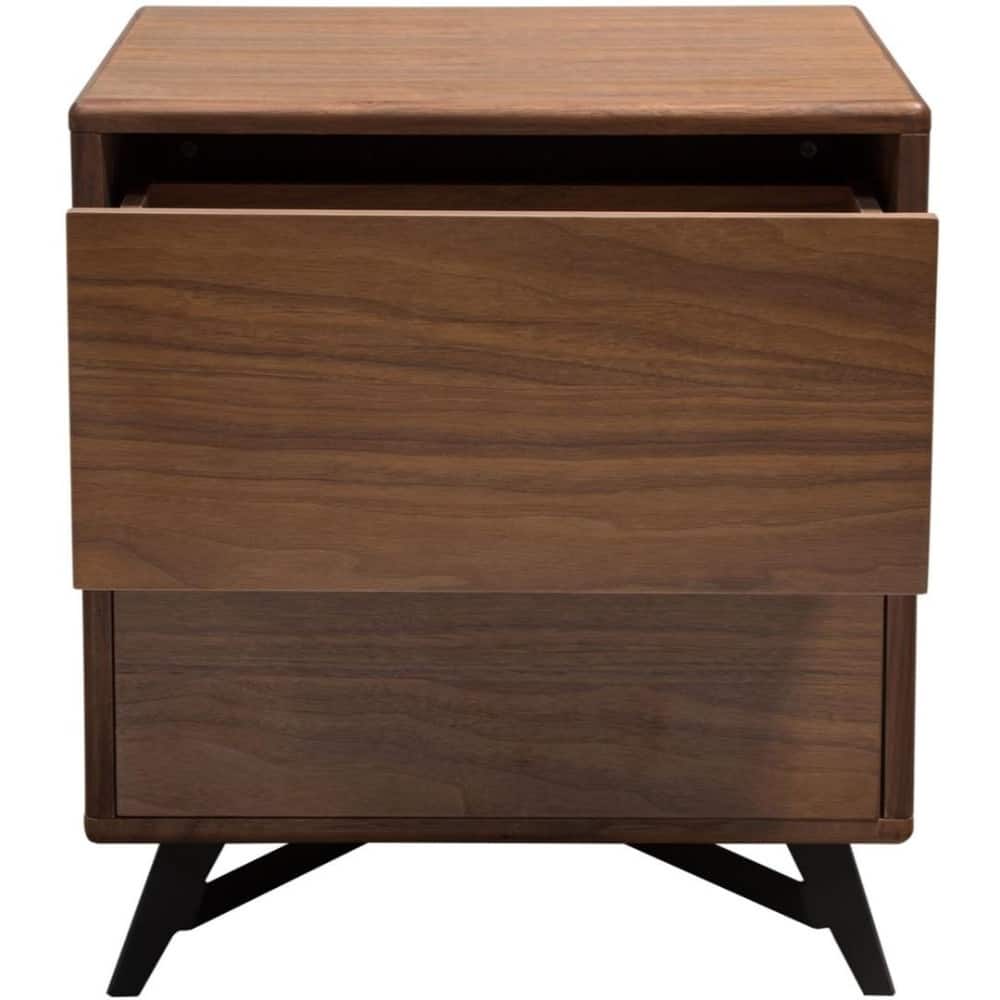 Wooden Two Drawers End Table with Slanted Metal Feet, Walnut Brown and Black