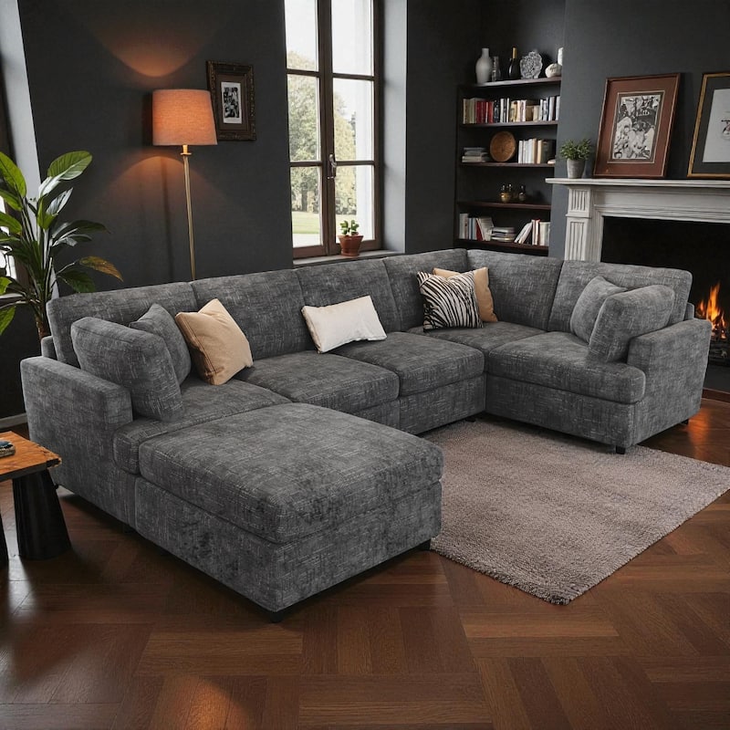 127" U-Shaped Modular Sectional Sofa with Movable Ottoman, 6-Piece Chenille Couch Set with Pine Wood Frame for Living Room