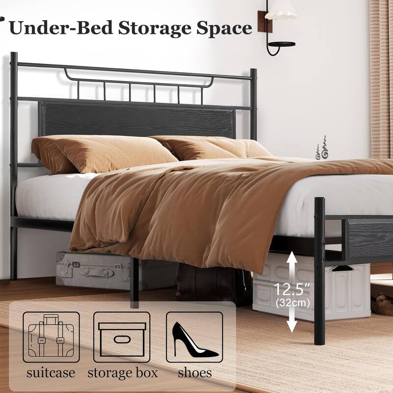 VECELO Industrial Bed Frame with Wood Headboard,Twin/Full/Queen Size Bed, Black/Brown/Slate-3 colors