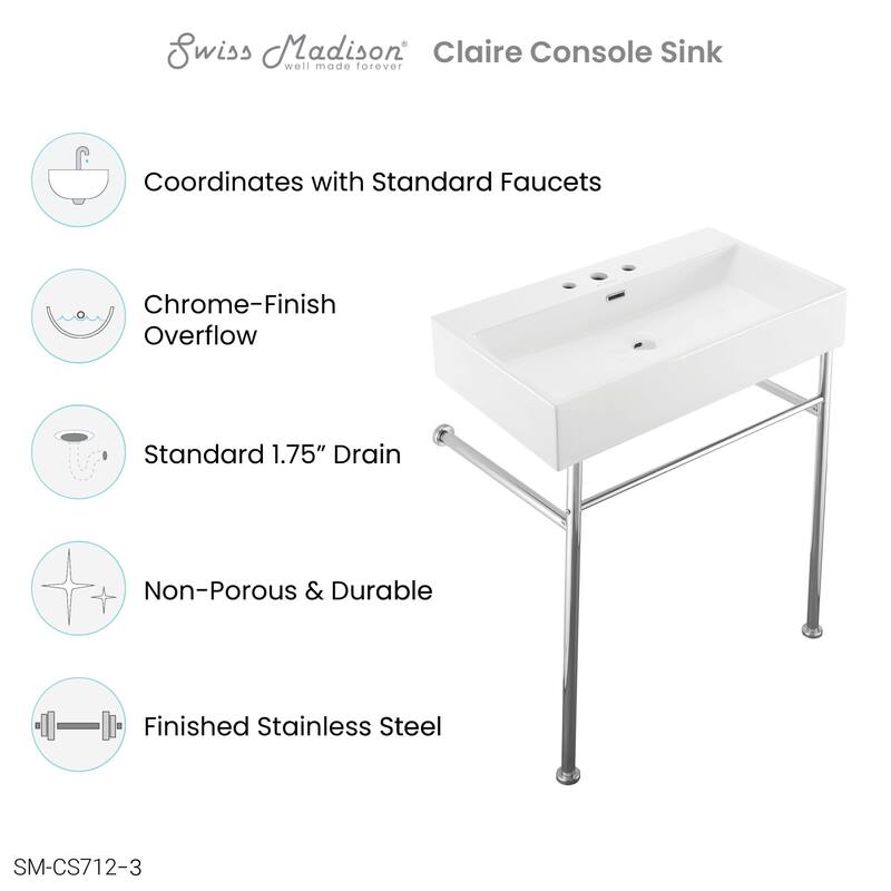 Swiss Madison SM-CS712-3 Claire 29-3/4" Rectangular Ceramic Console - Glossy White / Chrome