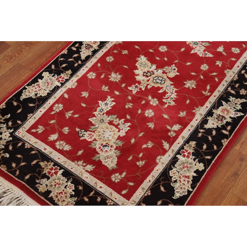 Red Floral Tabriz Chinese Runner Rug Handmade Wool and Silk Carpet - 2'5" x 8'1"