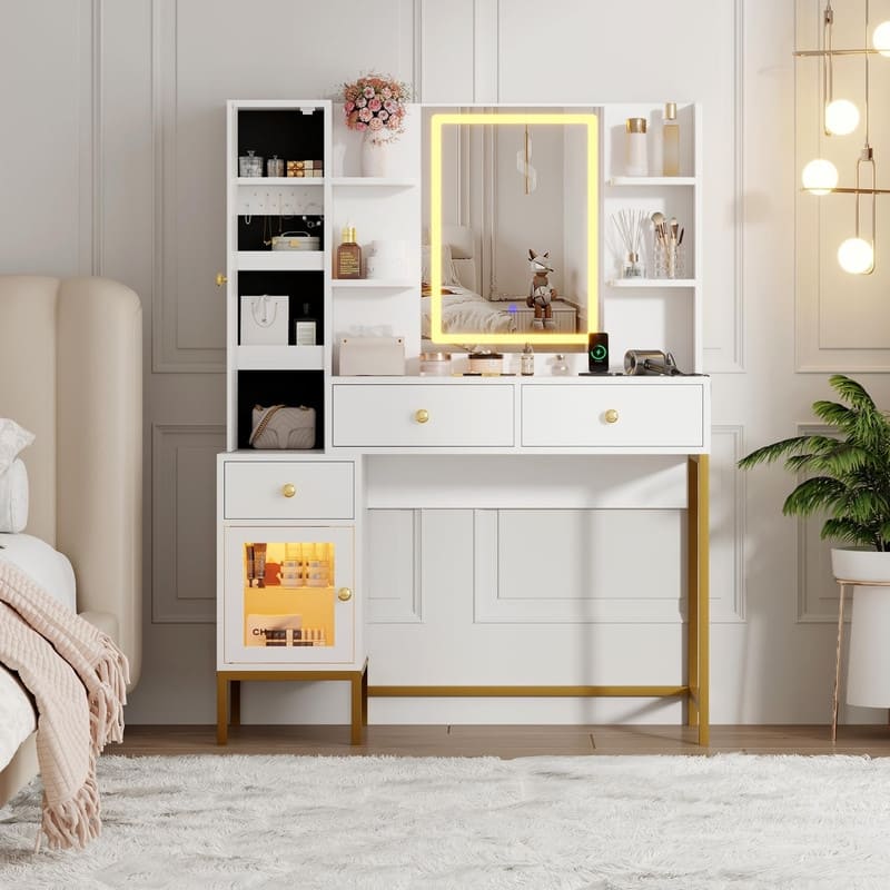 Vanity Desk with LED Mirror, Charging Station, Drawers, Shelves, Jewelry Cabinet - White