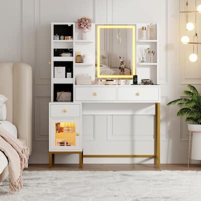 Vanity Desk with LED Mirror, Charging Station, Drawers, Shelves, Jewelry Cabinet