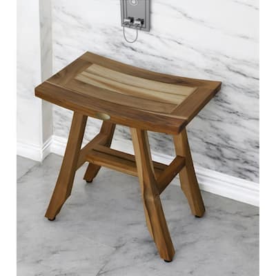 HomeRoots 18" Teak Rectangular Shower Outdoor Bench With Shelf In Natural Finish