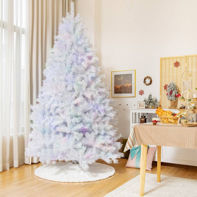Gymax 6/7/8 FT White Artificial Christmas Tree Hinged Unlit Iridescent - 8 Foot