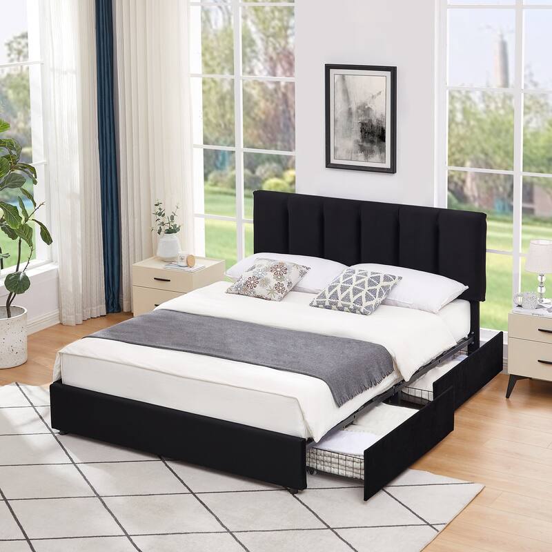Black Bed Frame with 4 Storage Drawers, Upholstered Platform Bed Frame with Adjustable Headboard