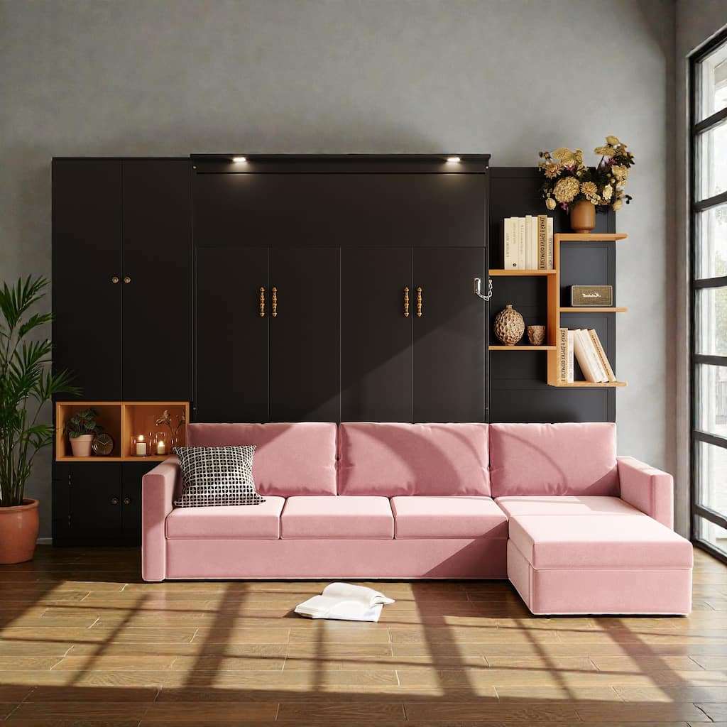 Queen Murphy Bed with Sofa and Storage, Modern Wall Bed with Shelves Cabinets and Dual Lights