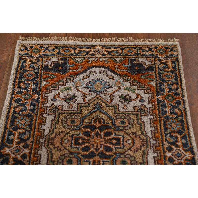 Geometric Beige Heriz Serapi Runner Rug Hand-Knotted Wool Carpet - 2'5"x 8'1"