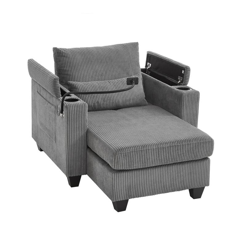 Anmytek 37.4" Convertible Chaise Lounge Sleeper Sofa Chair Corduroy with USB Ports Cup Holders Phone Holder Storage