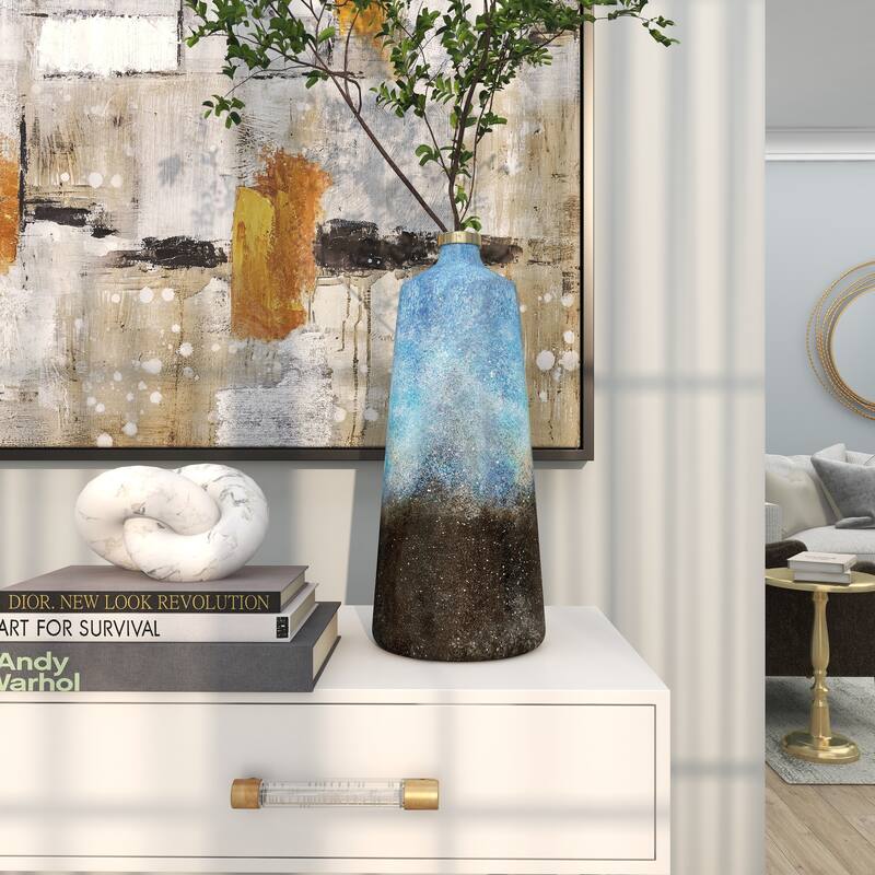 Blue Glass Galaxy Inspired Abstract Decorative Vase with Gold Top