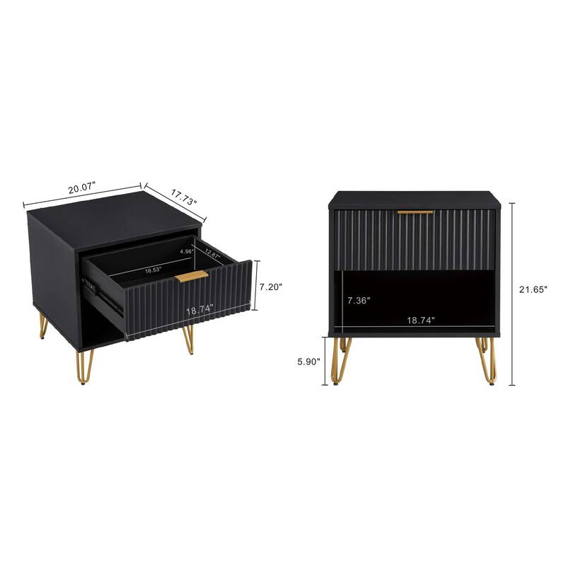 Modern Black Fluted Nightstand with Gold Metal Handles and Legs