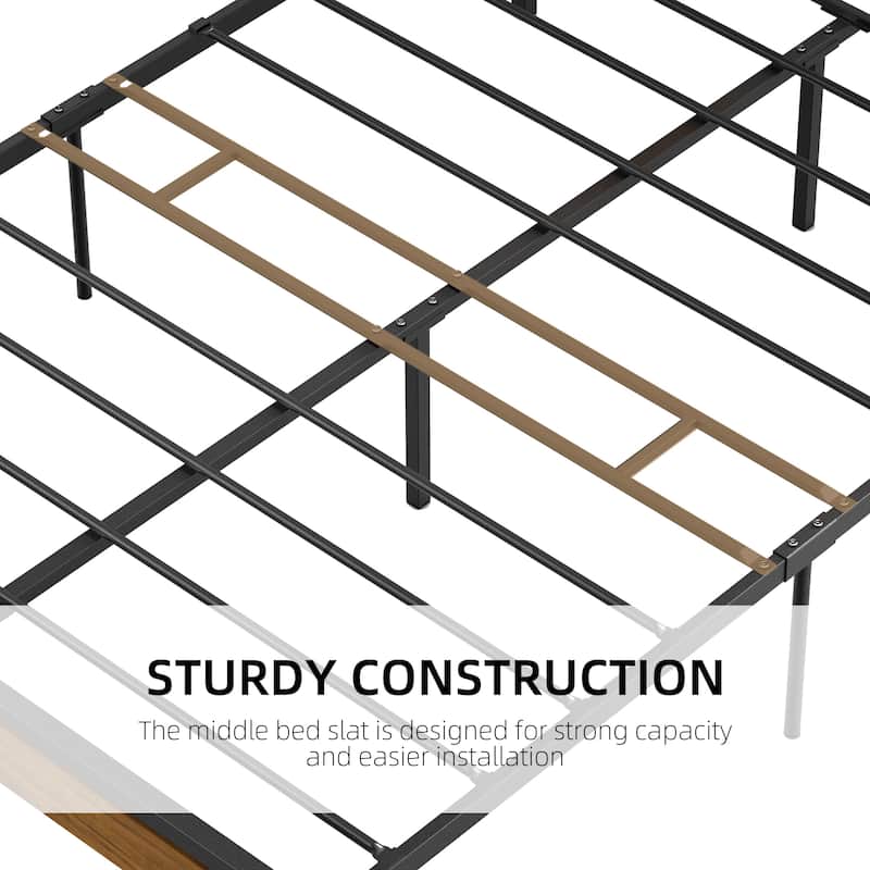 Bed Frame With Wood Headboard Supported By Metal Slats