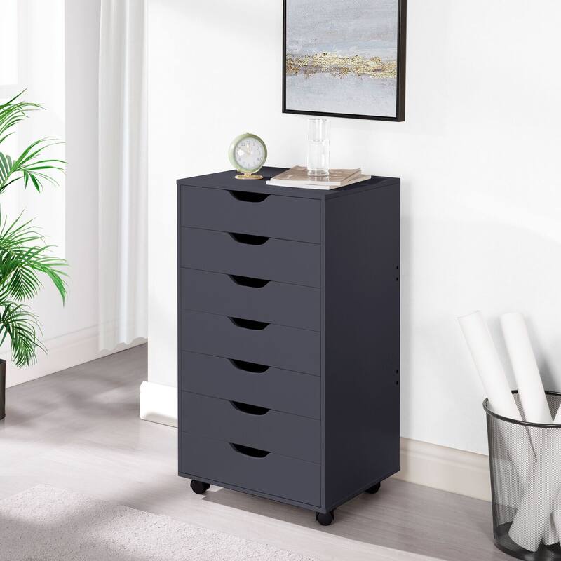 7- Drawer Office File Wooden Cabinet, for Home Office, Mobile File Cabinet, Mobile Storage Cabinet, Filing Storage Drawer - Black