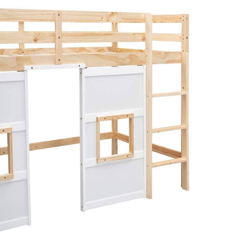 Wood Loft Bed Twin Size with Storage Wardrobe & 2 Windows Design