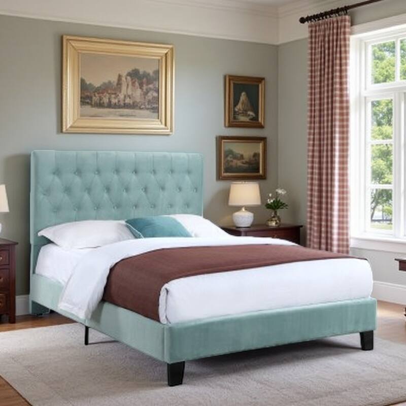 Light Blue Queen Size Upholstered Bed in Transitional Design with Easy Assembly - Full Blue - Full