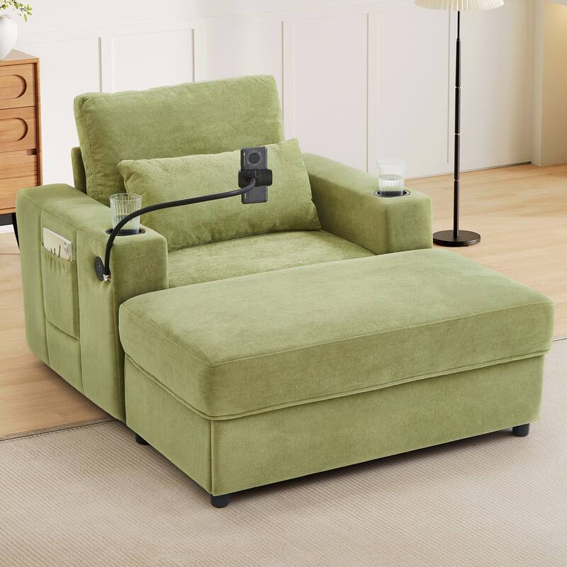 Anmytek Green 42.5 Inch Modern Chaise Lounge with Movable Storage Ottoman Dual USB Ports Phone Holder Side Pockets - Green