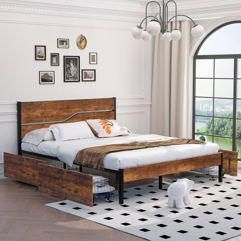 VECELO Upholstered Platform Bed Frame with 4 Storage Drawers, Full/Queen Size