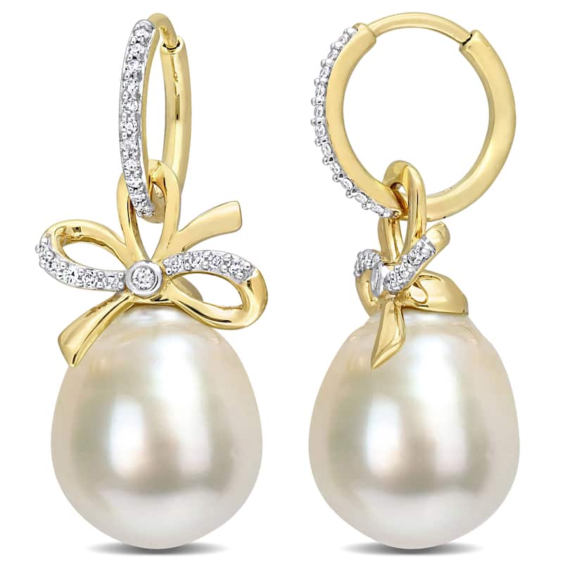 Miadora 12-12.5mm Oval Golden South Sea Cultured Pearl & 1/4 CT TW Diamond Bow Huggie Earrings in 14k Yellow Gold