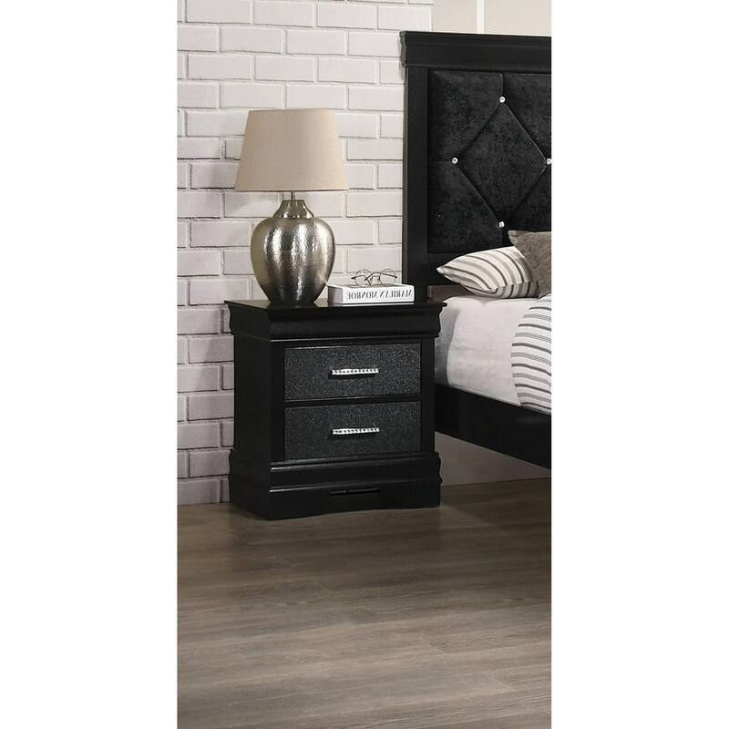 Black Modern Nightstand with Two Drawers and Metal Pulls