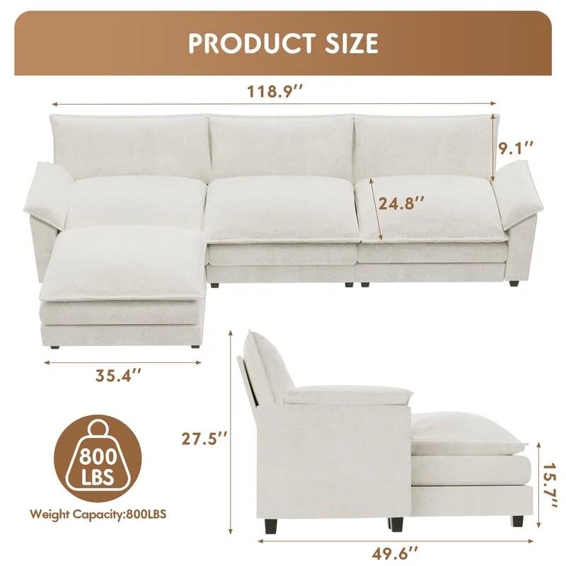 Furniwell 3-Seat Sectional Sofa with Ottoman Sectional Couch with Reversible Toffee Chair Convertible Sofa
