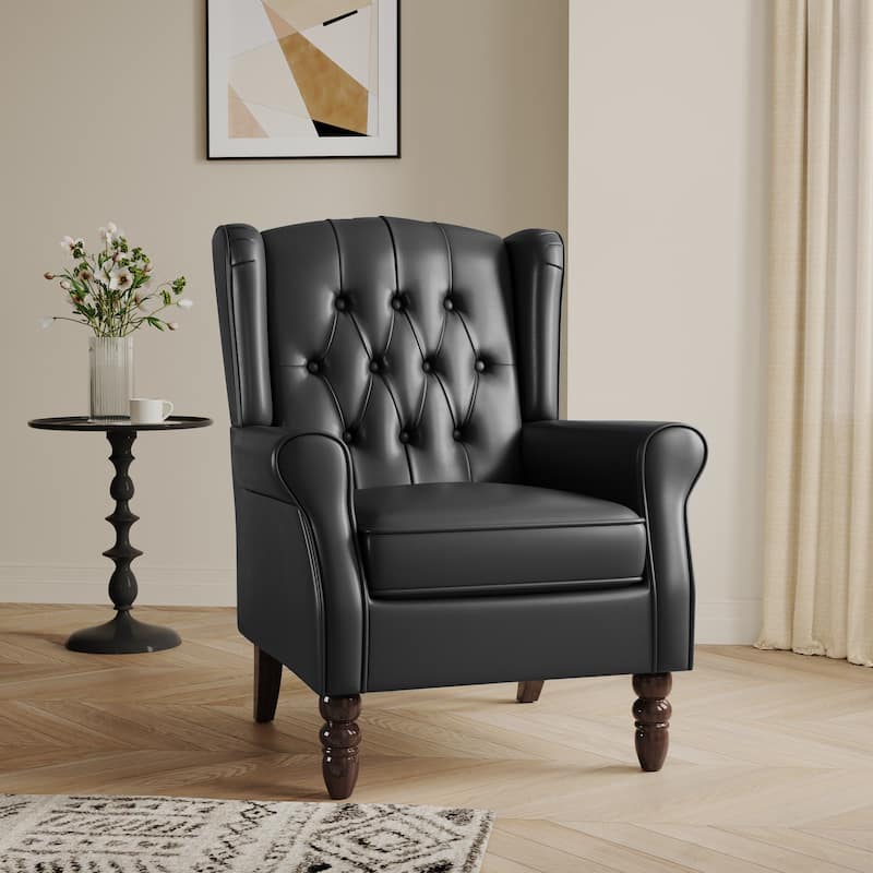 Button-Tufted Accent Chair Wingback Armchair - 38"H - Black-Leather