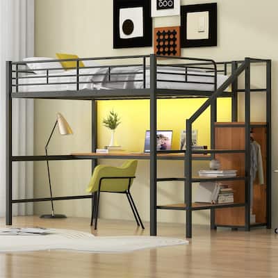 Metal Loft Bed with Bulit-in Desk, Storage Staircase and Small Wardrobe, Full Size Loft Bedframe with LED Light and Guardrails