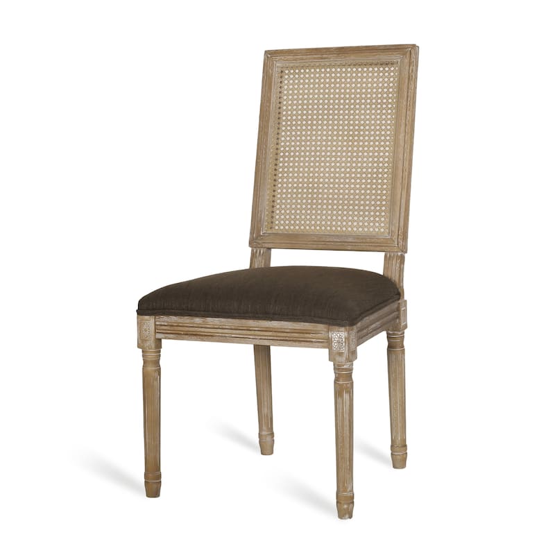 French Country Upholstered Dining Chair with Cane Backrest and Rubberwood Frame Set of 2