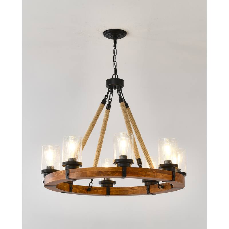 8 Light Rustic Wagon Wheel Chandelier,Wooden Pendant with Seeded Glass Shade,NO INCLUDED BULBS