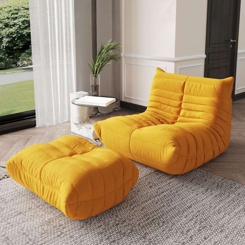 Teddy Fabric Floor Lazy Sofa Bean Bag Lounge Chair with Ottoman for Living Room - Yellow