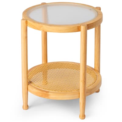Rubberwood Coffee Table with Tempered Glass and Rattan - 19.7 x 19.7 x 23.2 in