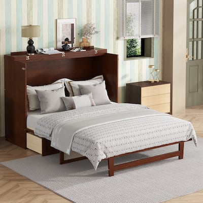 Queen Size Foldable Murphy Bed Convertible Rattan Cube Cabinet with Storage Drawer Space Saving Platform Bed Pine Wood Bed Frame
