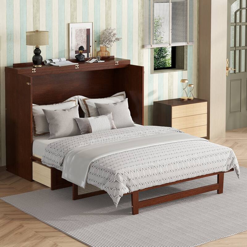 Queen Size Pine Wood Murphy Cabinet Bed with Rattan Decoration, Storage Drawer