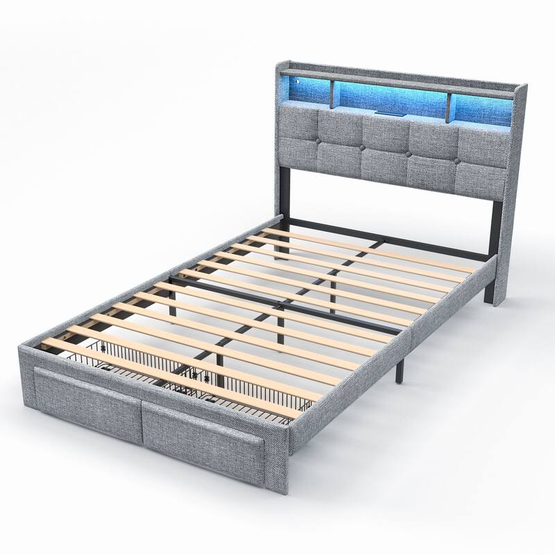King Size Upholstered Platform Bed with LED Lights, Charging Station & Storage Headboard, No Box Spring Needed