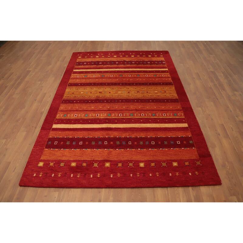 Hand Knotted Oriental 100% Wool Carpet Modern Stripe Oranges & Rust Gabbeh Area Rug - 7' 8'' X 5' 3''