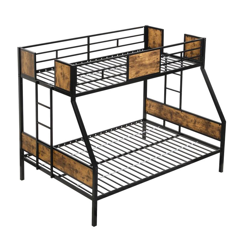 Twin Over Full Metal Bunk Bed with Side Ladder, Guardrail, and Under-Bed Storage, Easy Assembly, Black & Brown