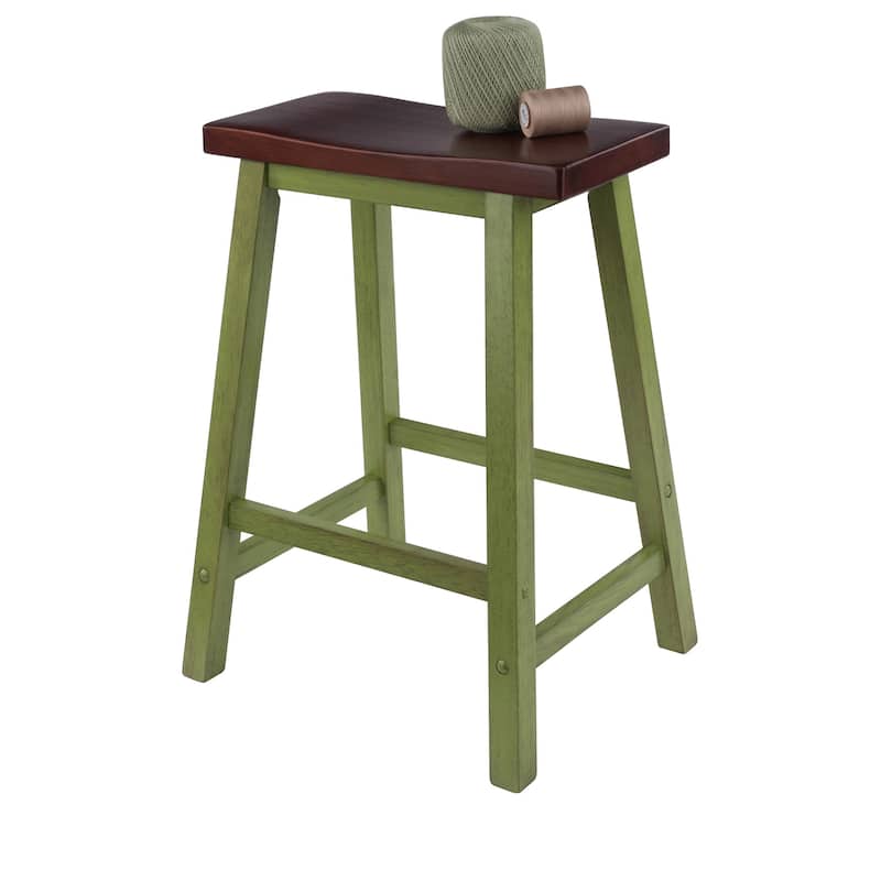 Satori Saddle Seat 24" Counter Stool, Rustic Green and Walnut - N/A