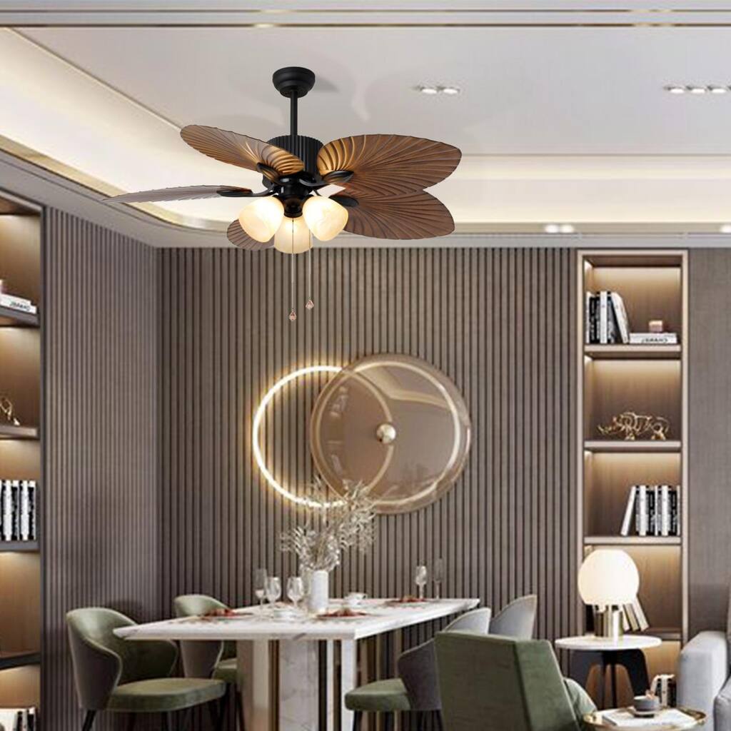 Wide Voltage Inverter 52" Tropical LED Ceiling Fan with Three Branch LED Light and Five Palm Leaf Blades