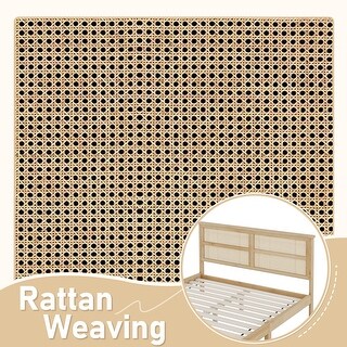 Queen Size Platfrom Bed with Support Legs, Rubber Solid Wooden Bed with Rattan Headboard, Enhanced by Support Feet, Natural