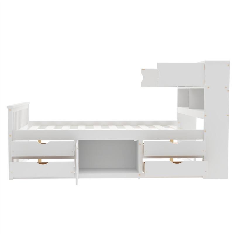 Twin/Full Size Captain Platform Bed with 4 Drawers and Storage Bookcase Headboard, Solid Wood Bed Frame with Storage Shelves