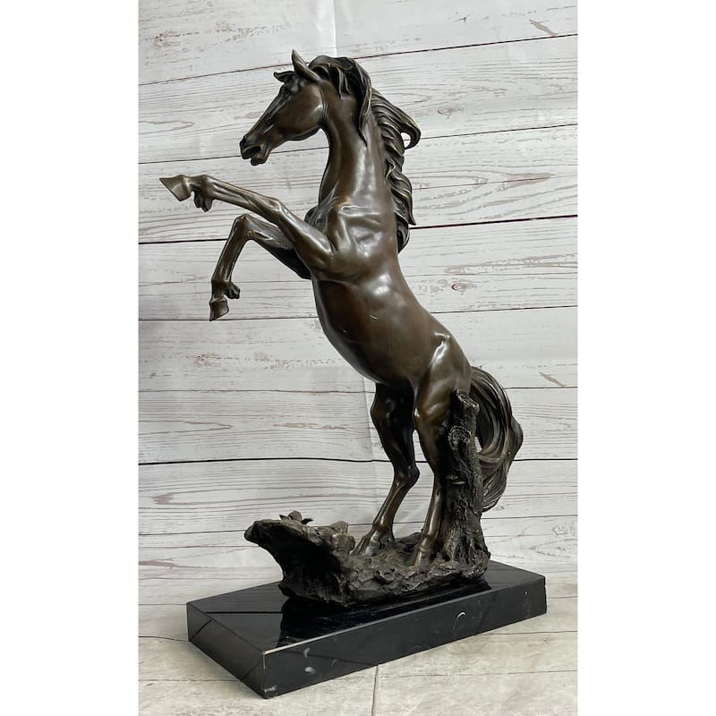 Rearing Wild Stallion Horse Bronze Statue Sculpture Figure Equestrian Horses Decor Signed Art