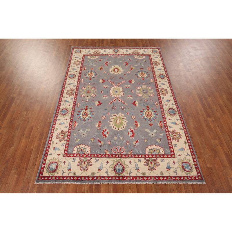 Gray Floral Oushak Oriental Area Rug Hand-Knotted Wool Carpet - 6'0" x 8'11"