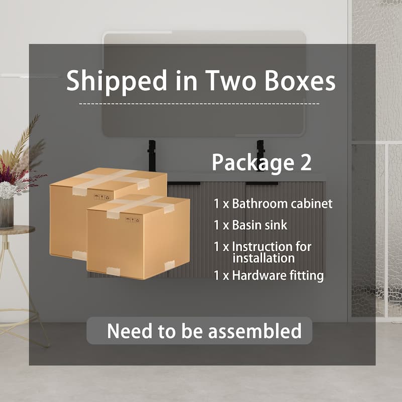 48"Wall Mounted Bathroom Vanity with Resin Double Sink & 3 Soft-Close Doors, KD-Packing