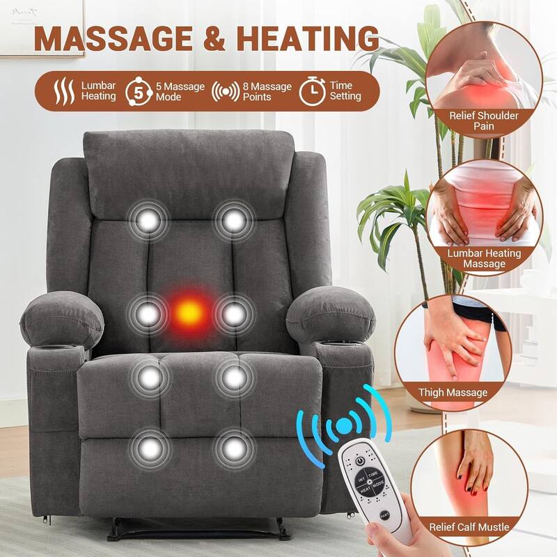 Oversized Manual Recliner Chair with Vibration Massage and Heat, Classic Overstuffed Deep Seat Sofa