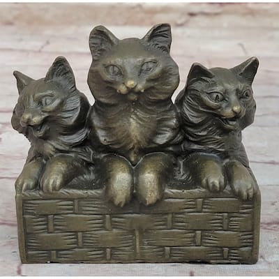 Three Cute Kittens Imitative Cats In A Flower Box - Bronze Sculpture Original Art By Milo