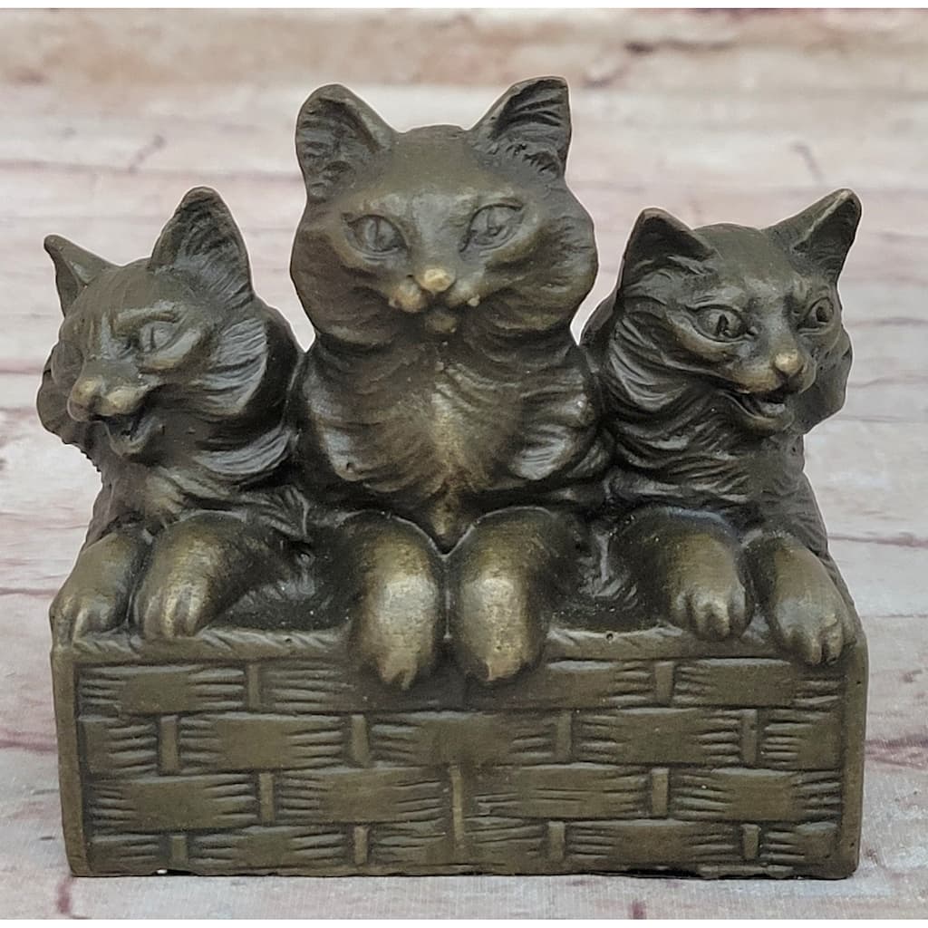 Three Cute Kittens Imitative Cats In A Flower Box - Bronze Sculpture Original Art By Milo