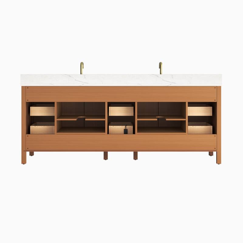 84" Freestanding Bathroom Vanity with Engineered Stone Top, Ceramic Double-Sink, Built-In Power Outlet, and Hair Dryer Storage