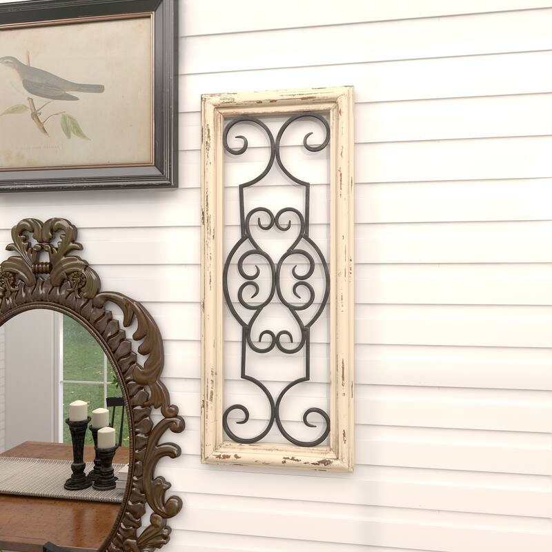 White Wood Small Panel Scroll Home Wall Decor with Black Metal Scrollwork