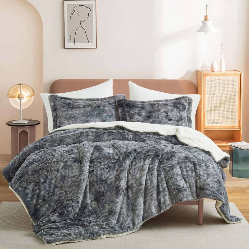Dual-Side Fluffy Sherpa Comforter Set, Winter Plush Fuzzy Bedding Set