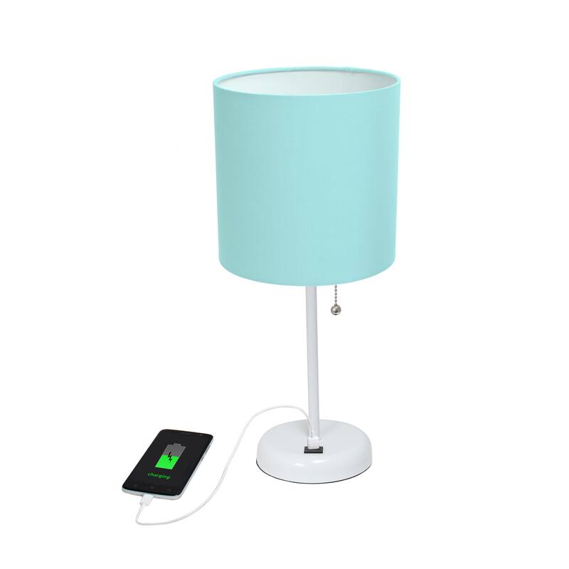 19.5" USB Port Feature Metal Lamp in White w Aqua Shade