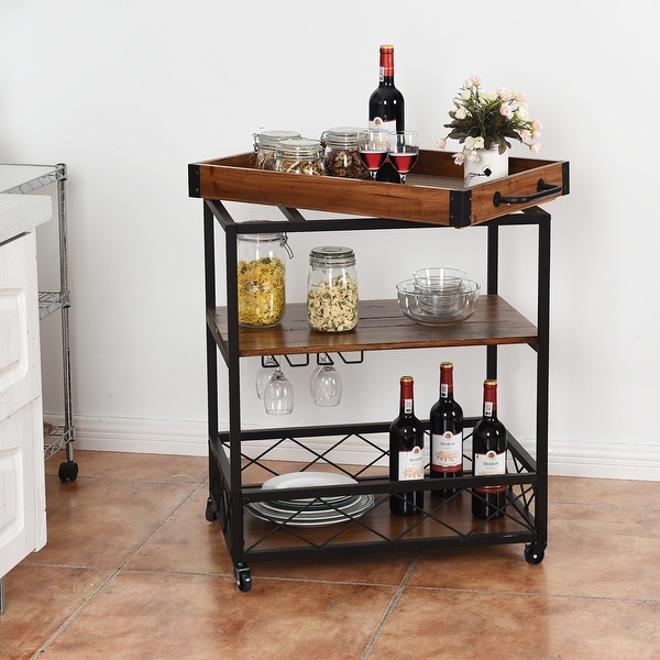 3Tier Rolling Kitchen Cart Serving Island with Storage Shelf & Wheels